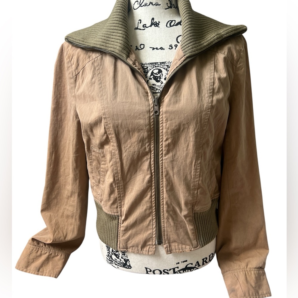 Theory Tan Bomber Jacket with Olive Accents